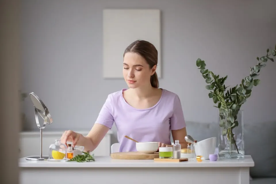 Person blending cosmetic ingredients in a bowl at a table