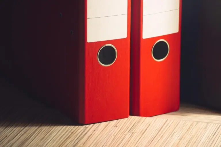 Red document binders standing on a desk