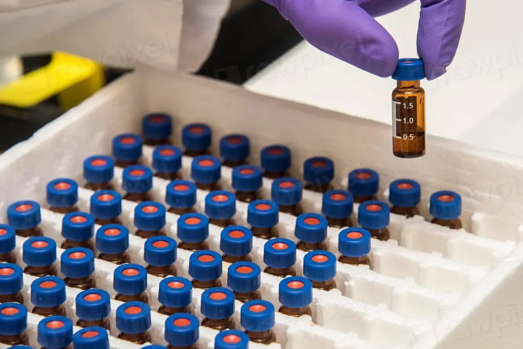Gloved hand selecting an amber vial from a tray of HPLC sample vials