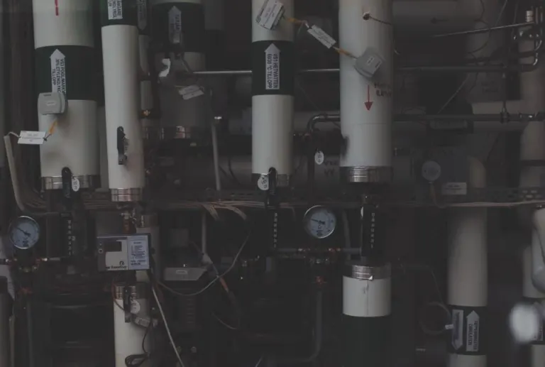 Process pipework and pressure gauges in an industrial plant