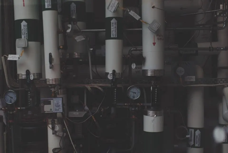 Process pipework and pressure gauges in an industrial plant