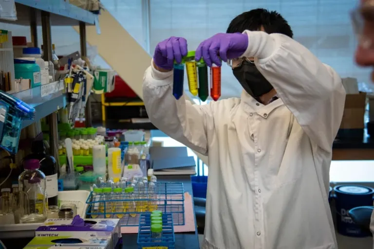 Analytical chemist holding colour-coded sample tubes in a laboratory